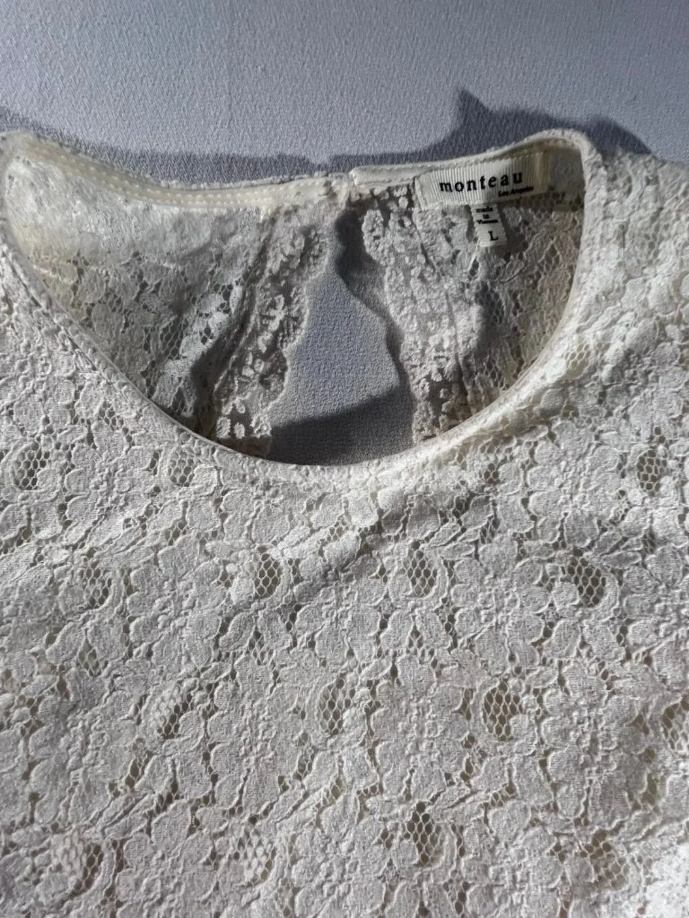 Monteau Los Angeles cream lace sleeveless mini dress floral lace‎ boho chic L